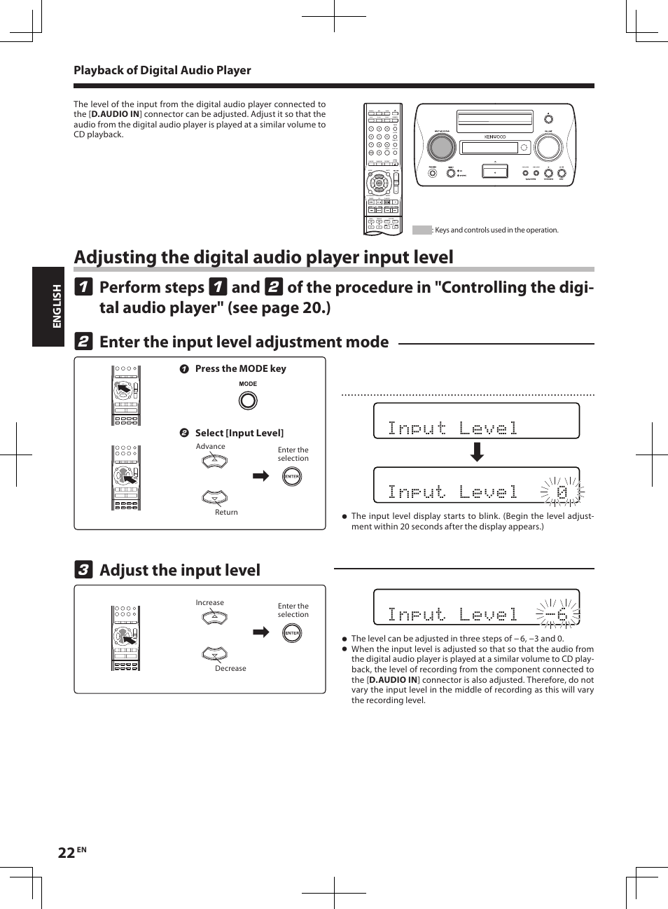 Adjusting the digital audio player input level, Enter the input level adjustment mode, Perform steps | Adjust the input level | Kenwood R-K1 User Manual | Page 22 / 40