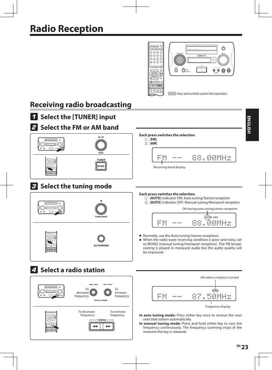 Radio reception, Receiving radio broadcasting, Select a radio station | Select the tuning mode, Select the fm or am band, Select the [tuner] input, F m 8 . 0 0 m h z, F m 7 . 5 0 m h z | Kenwood R-K1 User Manual | Page 23 / 40