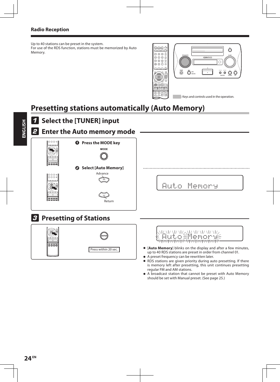 Select the [tuner] input, Presetting of stations | Kenwood R-K1 User Manual | Page 24 / 40