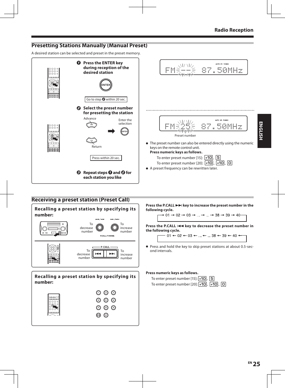 F m 7 . 5 0 m h z, Receiving a preset station (preset call), Presetting stations manually (manual preset) | Radio reception | Kenwood R-K1 User Manual | Page 25 / 40