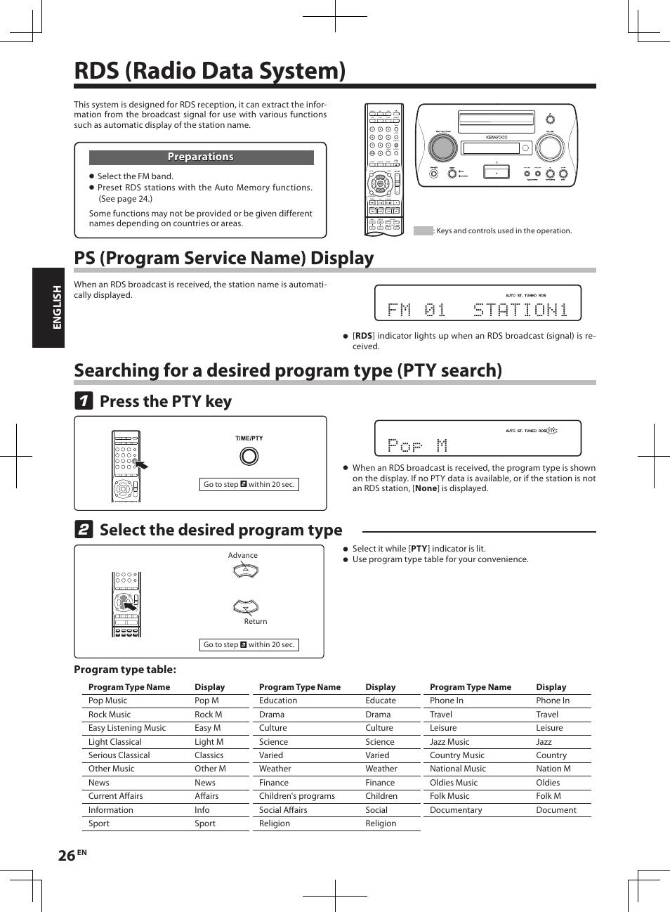 Rds (radio data system), Searching for a desired program type (pty search), Ps (program service name) display | Select the desired program type, Press the pty key, P o p m | Kenwood R-K1 User Manual | Page 26 / 40