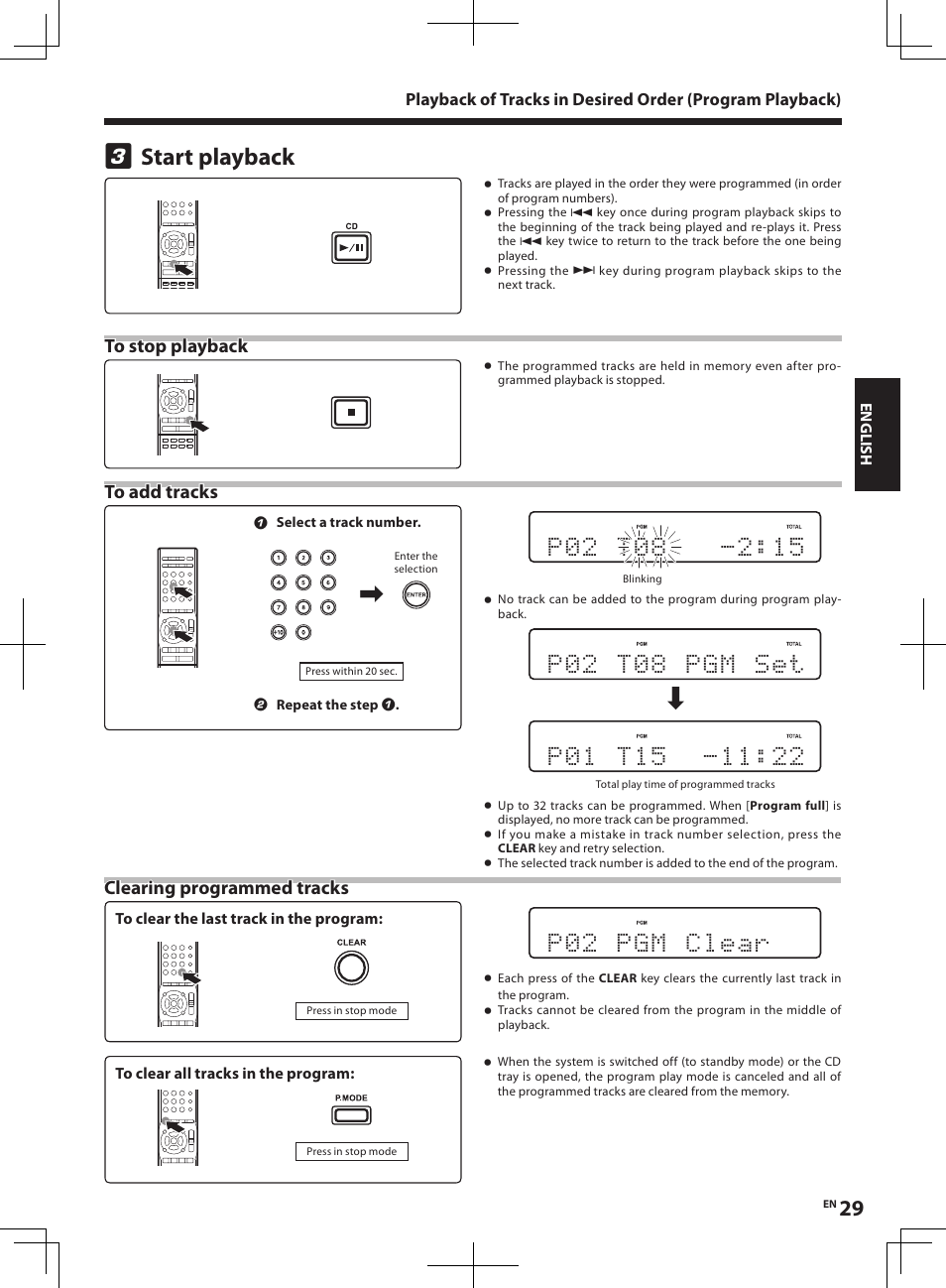 Start playback, Clearing programmed tracks | Kenwood R-K1 User Manual | Page 29 / 40