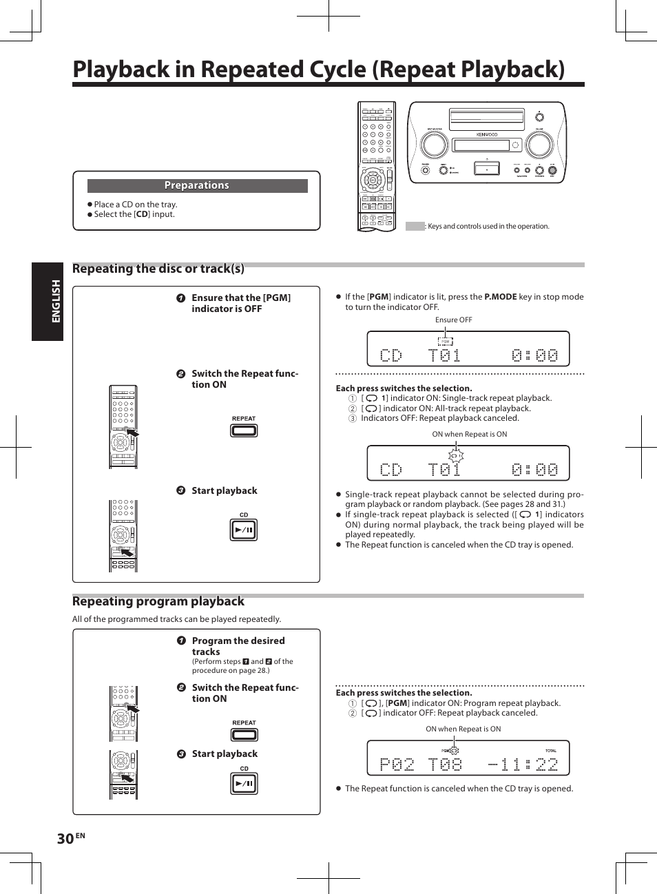 Playback in repeated cycle (repeat playback), Repeating program playback, Repeating the disc or track(s) | Kenwood R-K1 User Manual | Page 30 / 40