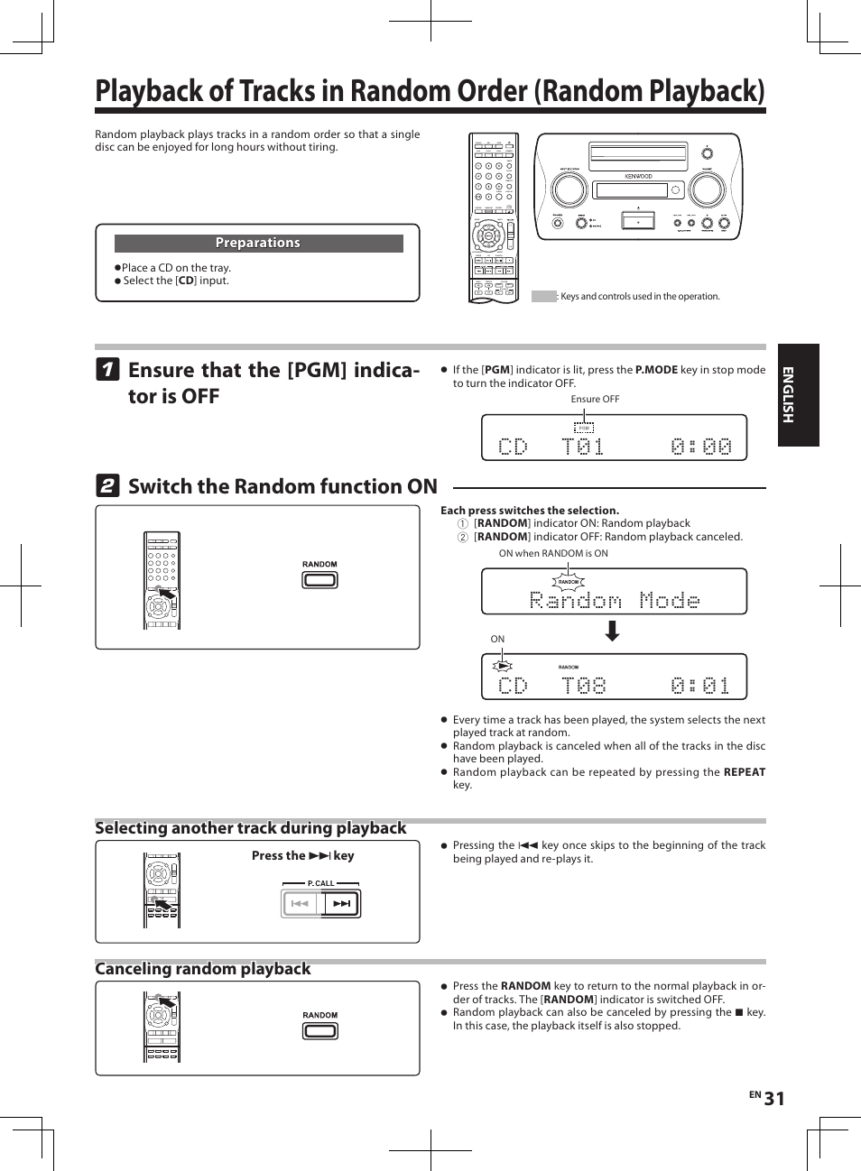 Ensure that the [pgm] indica- tor is off, Switch the random function on, Selecting another track during playback | Canceling random playback | Kenwood R-K1 User Manual | Page 31 / 40