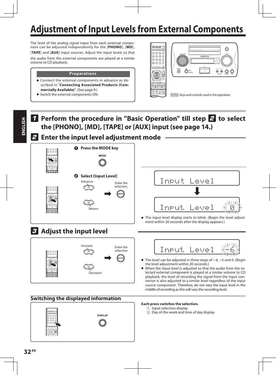 Enter the input level adjustment mode, Adjust the input level | Kenwood R-K1 User Manual | Page 32 / 40