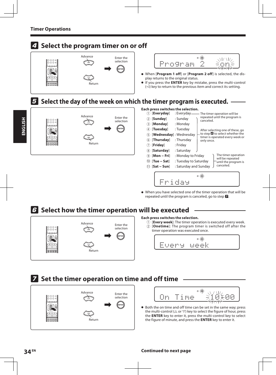 Set the timer operation on time and off time, Select how the timer operation will be executed, Select the program timer on or off | Kenwood R-K1 User Manual | Page 34 / 40