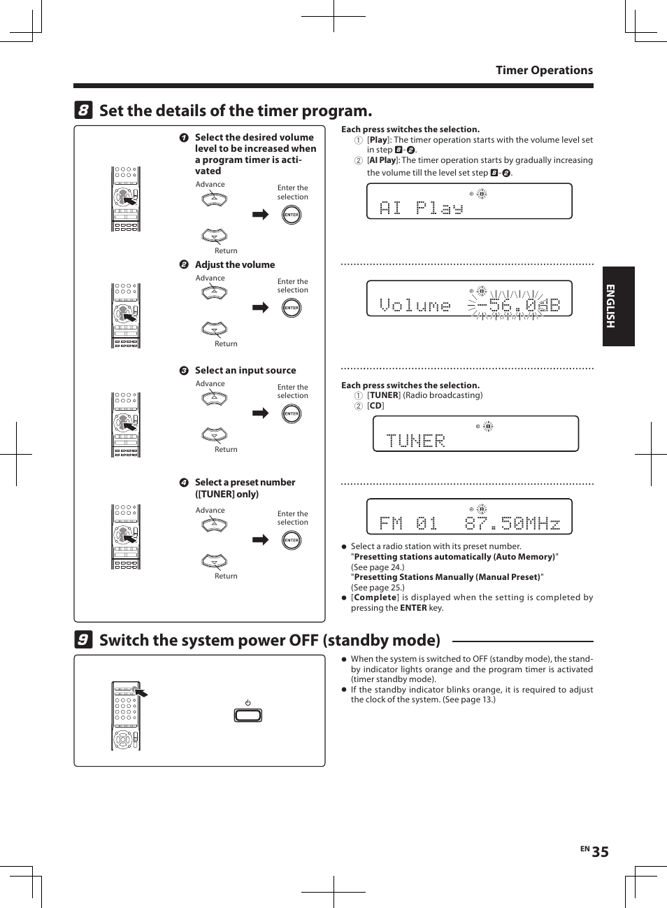 Switch the system power off (standby mode), Set the details of the timer program | Kenwood R-K1 User Manual | Page 35 / 40