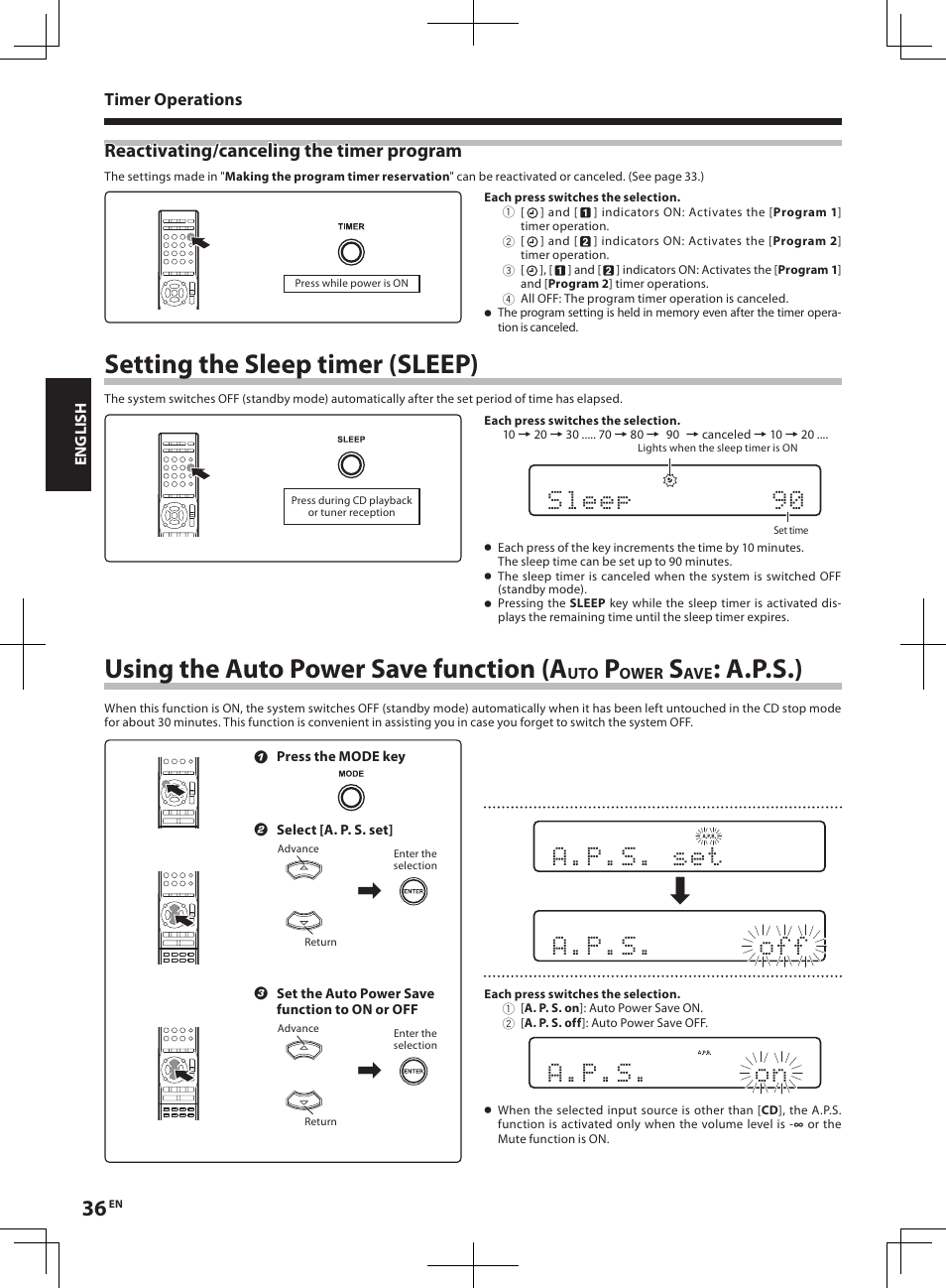 Setting the sleep timer (sleep), Using the auto power save function (a, A.p.s.) | A . p . s . o n, Reactivating/canceling the timer program | Kenwood R-K1 User Manual | Page 36 / 40