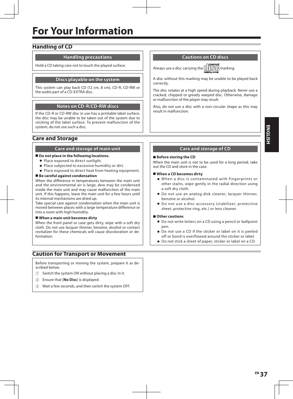 For your information, Care and storage, Handling of cd | Caution for transport or movement | Kenwood R-K1 User Manual | Page 37 / 40