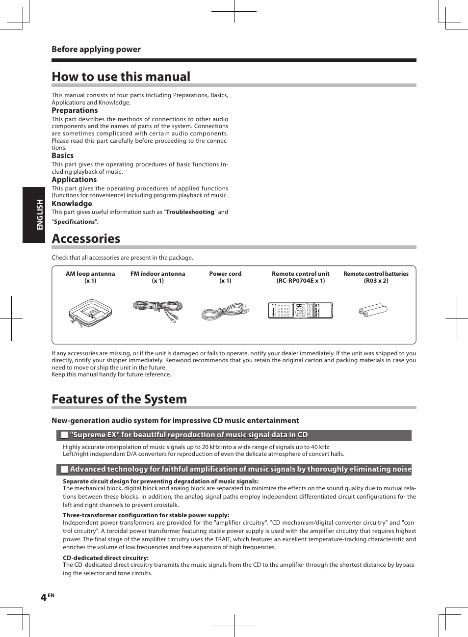 Features of the system, How to use this manual accessories | Kenwood R-K1 User Manual | Page 4 / 40