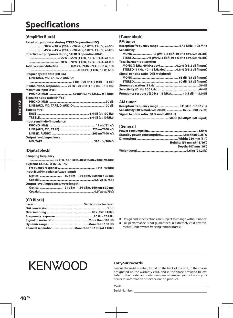 Specifications | Kenwood R-K1 User Manual | Page 40 / 40