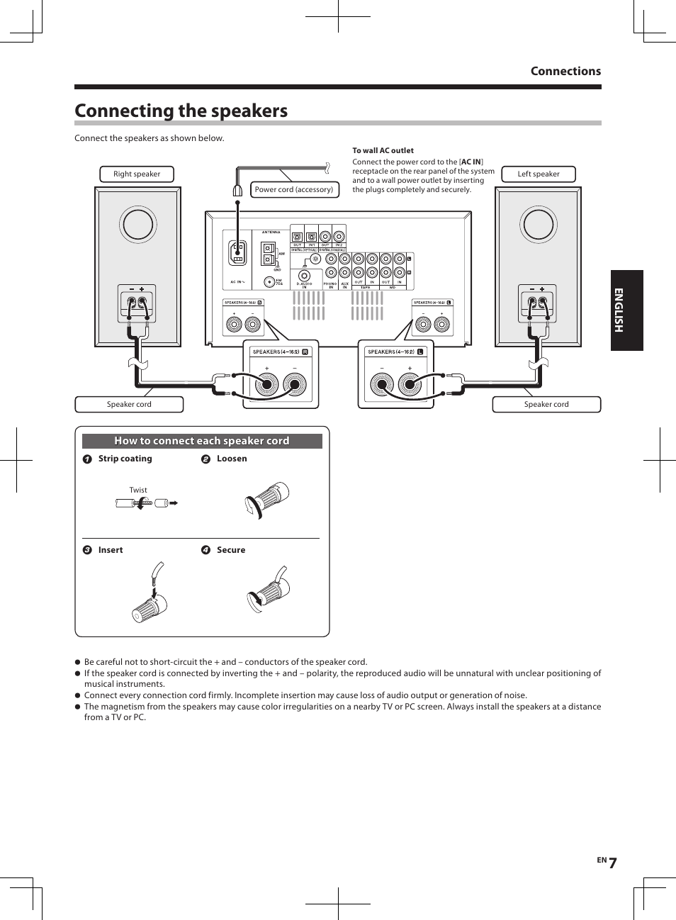 Connecting the speakers, Connections | Kenwood R-K1 User Manual | Page 7 / 40