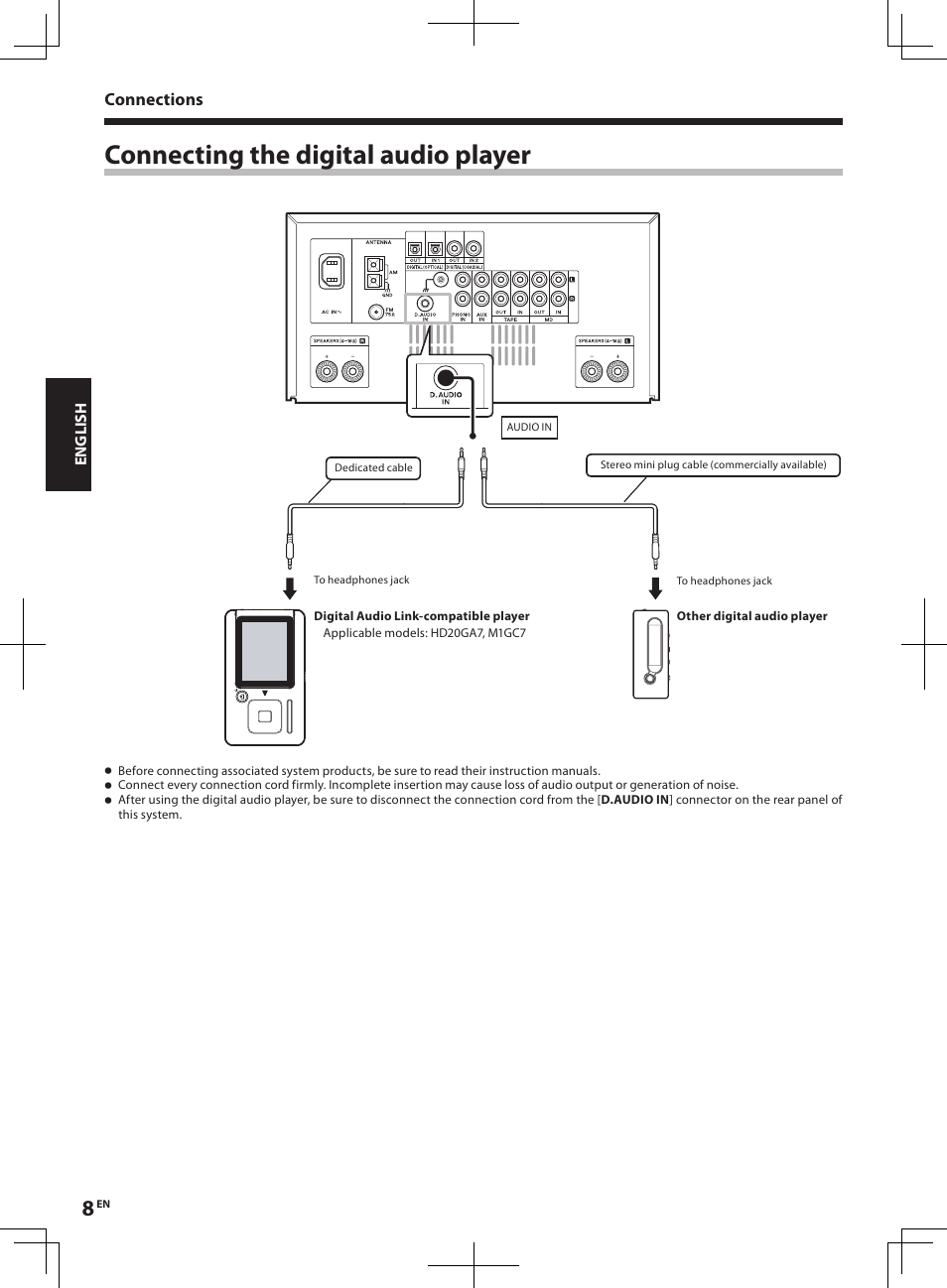 Connecting the digital audio player | Kenwood R-K1 User Manual | Page 8 / 40