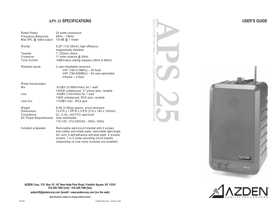 Azden APS 25 User Manual | 6 pages