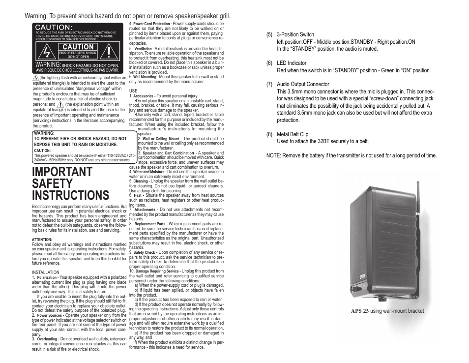 Important safety instructions | Azden APS 25 User Manual | Page 2 / 6