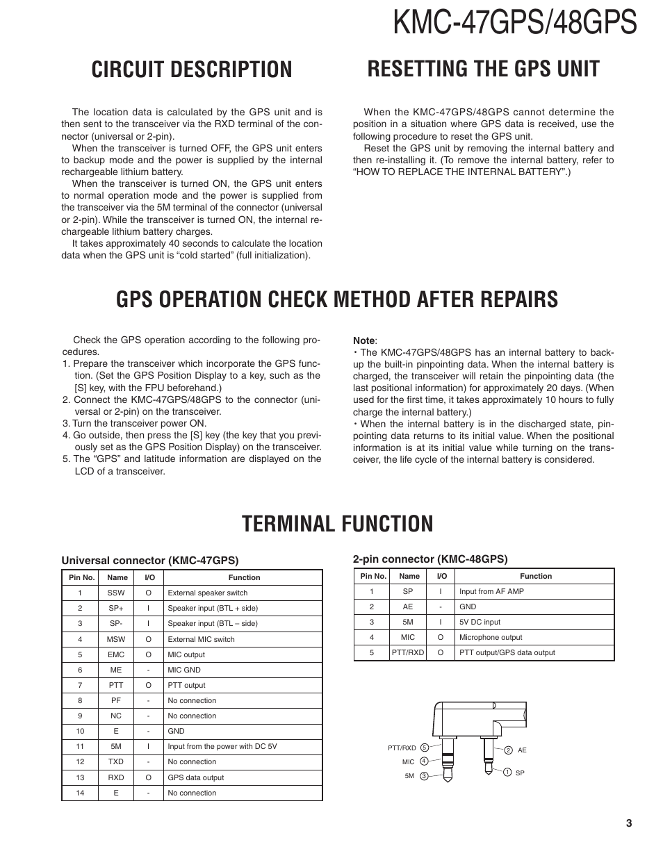 Circuit description, Resetting the gps unit, Gps operation check method after repairs | Terminal function, Kmc-47gps/48gps, Circuit description terminal function | Kenwood KMC-47GPS User Manual | Page 3 / 6