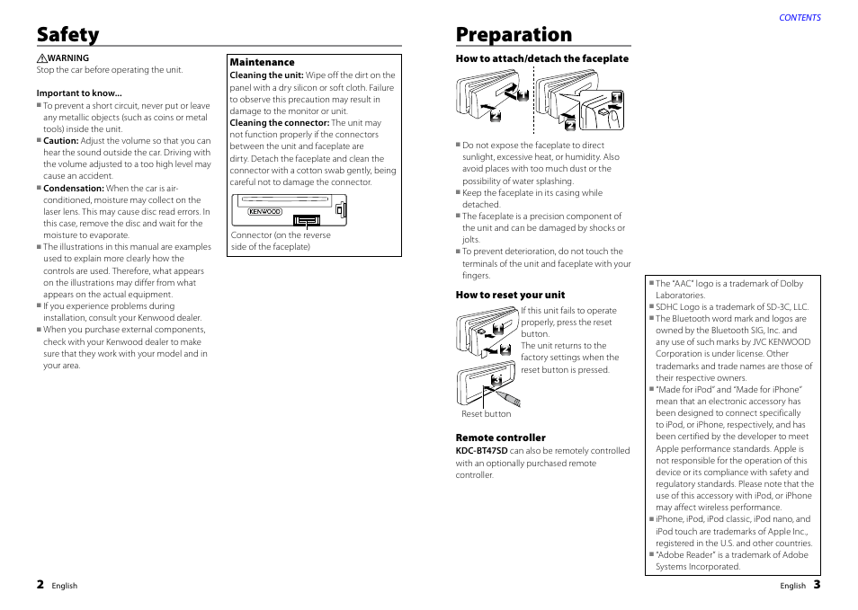 Safety, Maintenance, Preparation | How to attach/detach the faceplate, How to reset your unit, Remote controller, Safety 2, Preparation 3, Safety preparation | Kenwood KDC-BT47SD User Manual | Page 2 / 21
