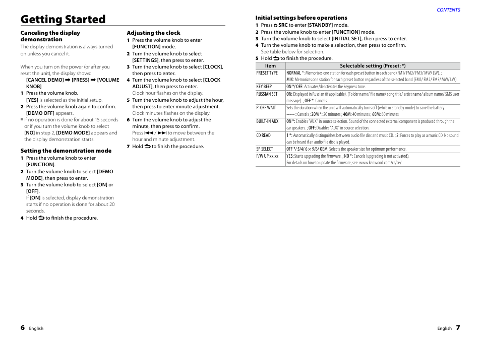 Getting started, Canceling the display demonstration, Setting the demonstration mode | Adjusting the clock, Initial settings before operations | Kenwood KDC-BT47SD User Manual | Page 4 / 21