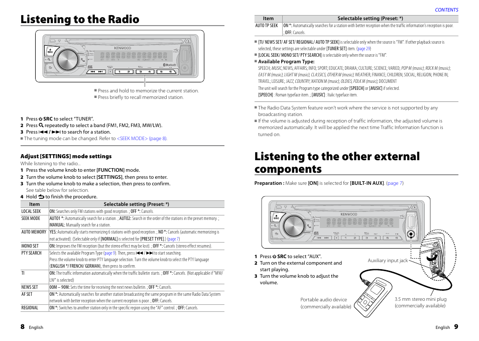 Listening to the radio, Adjust [settings] mode settings, Listening to the other external components | Listening to the other external, Components 9 | Kenwood KDC-BT47SD User Manual | Page 5 / 21