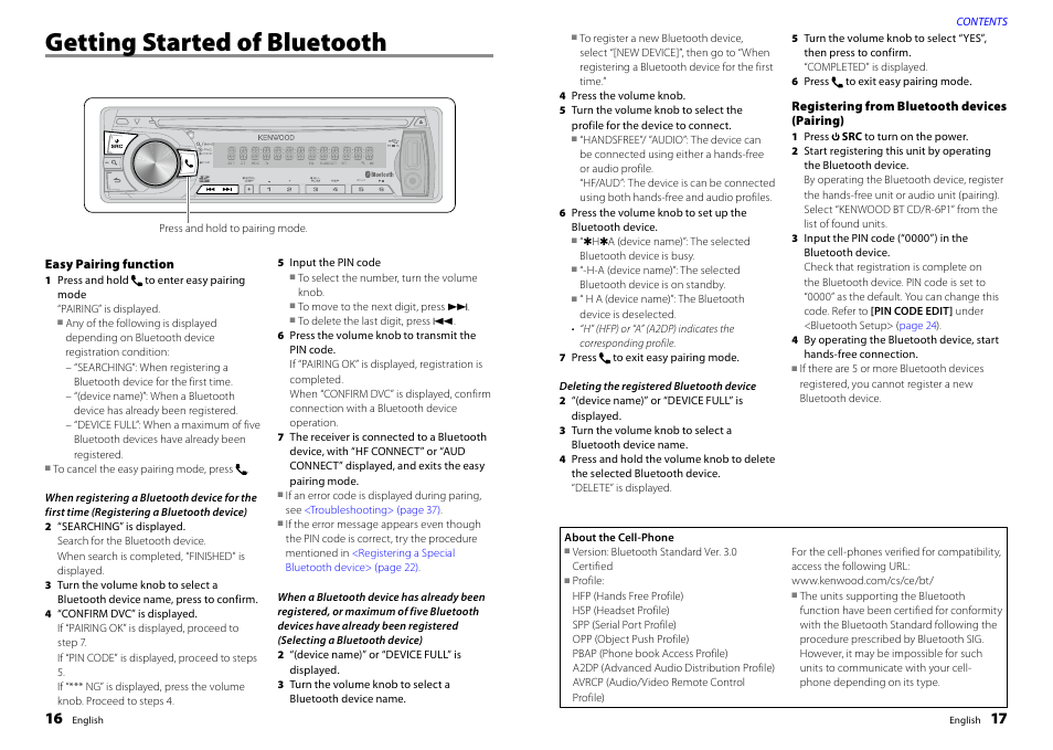 Getting started of bluetooth, Easy pairing function, Registering from bluetooth devices (pairing) | Kenwood KDC-BT47SD User Manual | Page 9 / 21