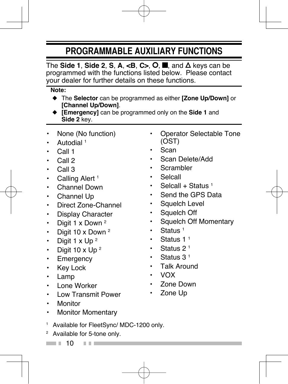 Programmable auxiliary functions, None (no function) • autodial, Call 1 • call 2 • call 3 • calling alert | Digit 10 x down, Digit 1 x up, Digit 10 x up, Status 1, Status 2, Status 3, Talk around • vox • zone down • zone up | Kenwood TK-2312E User Manual | Page 20 / 39