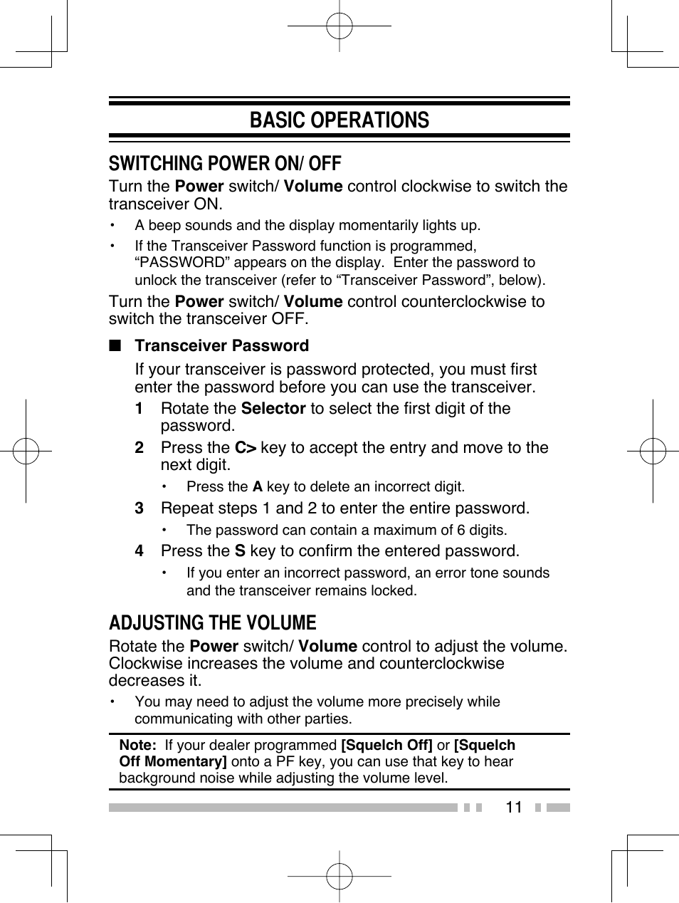 Basic operations, Switching power on/ off, Adjusting the volume | Kenwood TK-2312E User Manual | Page 21 / 39