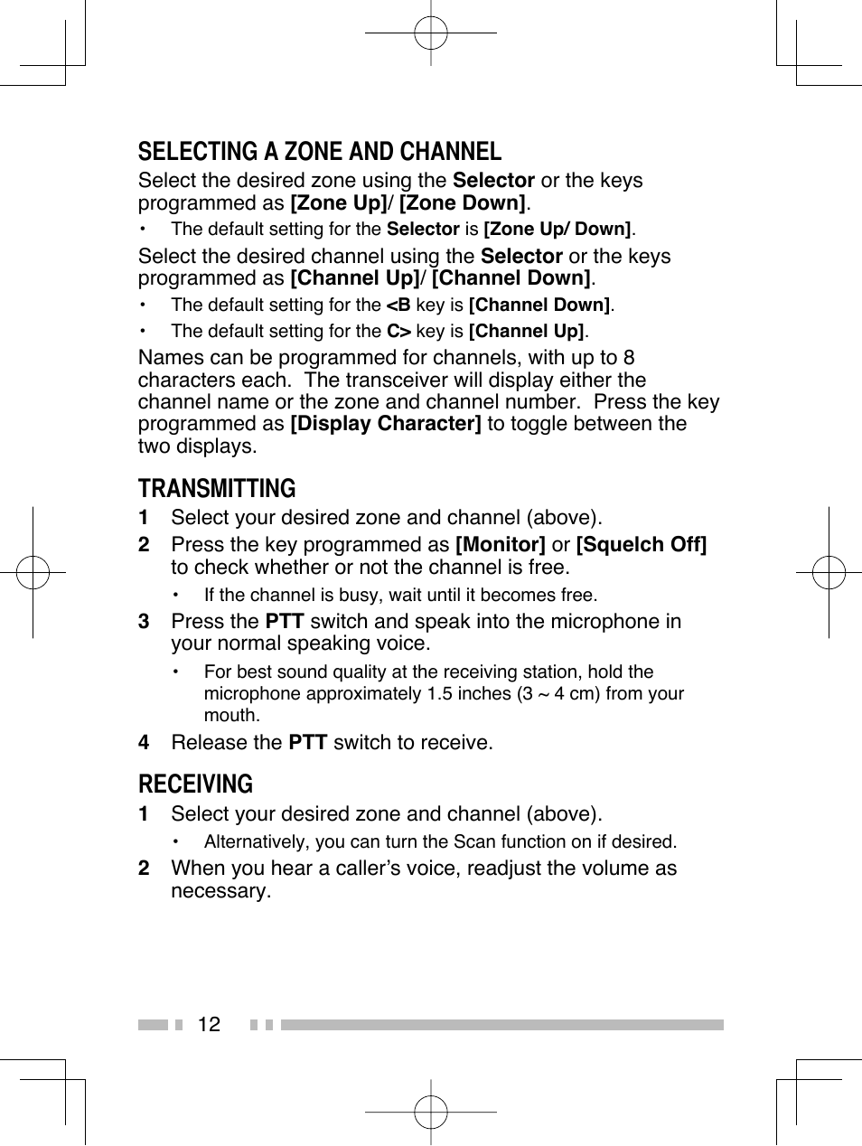 Selecting a zone and channel, Transmitting, Receiving | Kenwood TK-2312E User Manual | Page 22 / 39