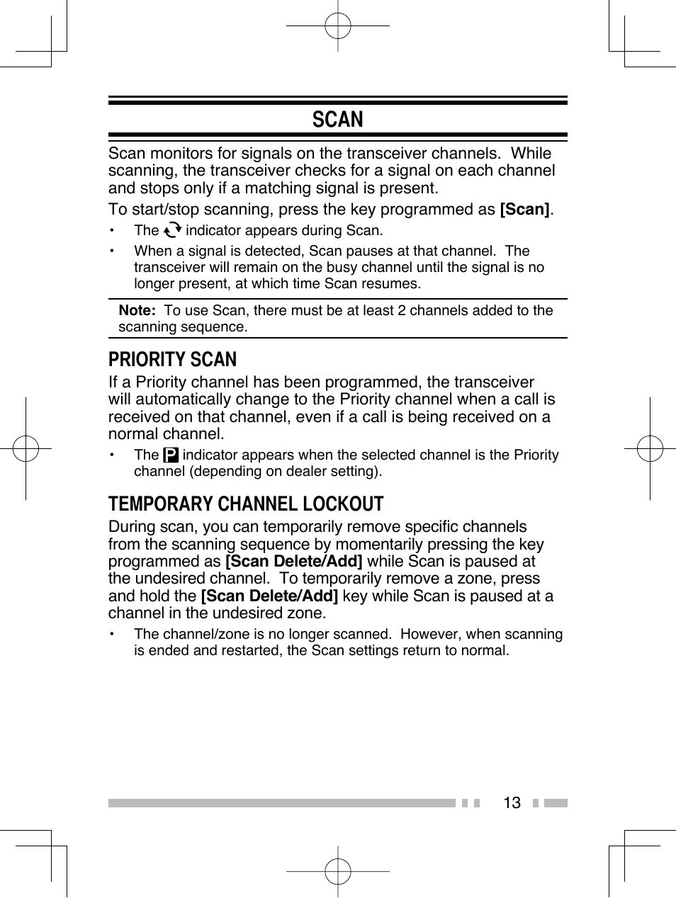 Scan, Priority scan, Temporary channel lockout | Kenwood TK-2312E User Manual | Page 23 / 39