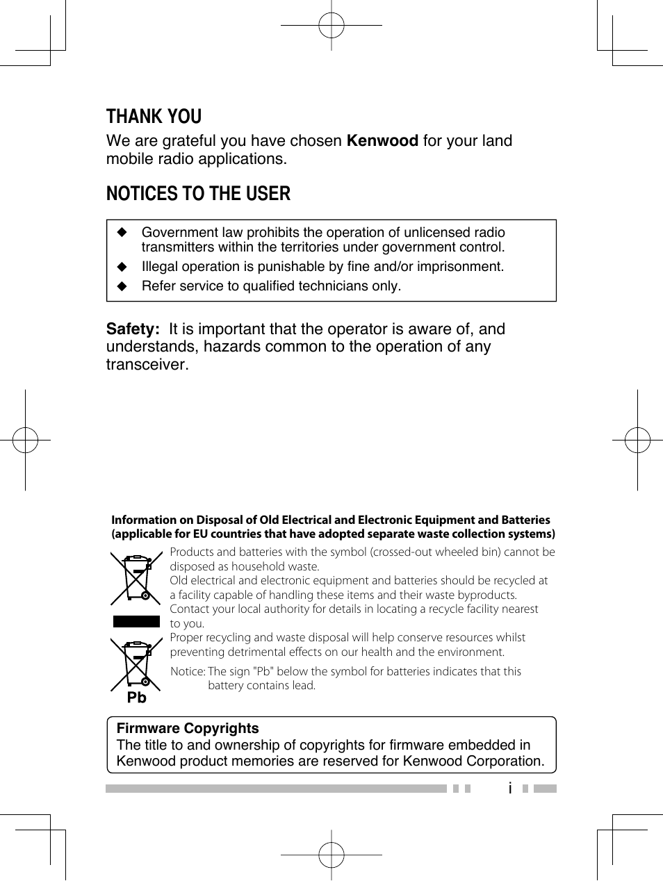 Notices to the user | Kenwood TK-2312E User Manual | Page 3 / 39