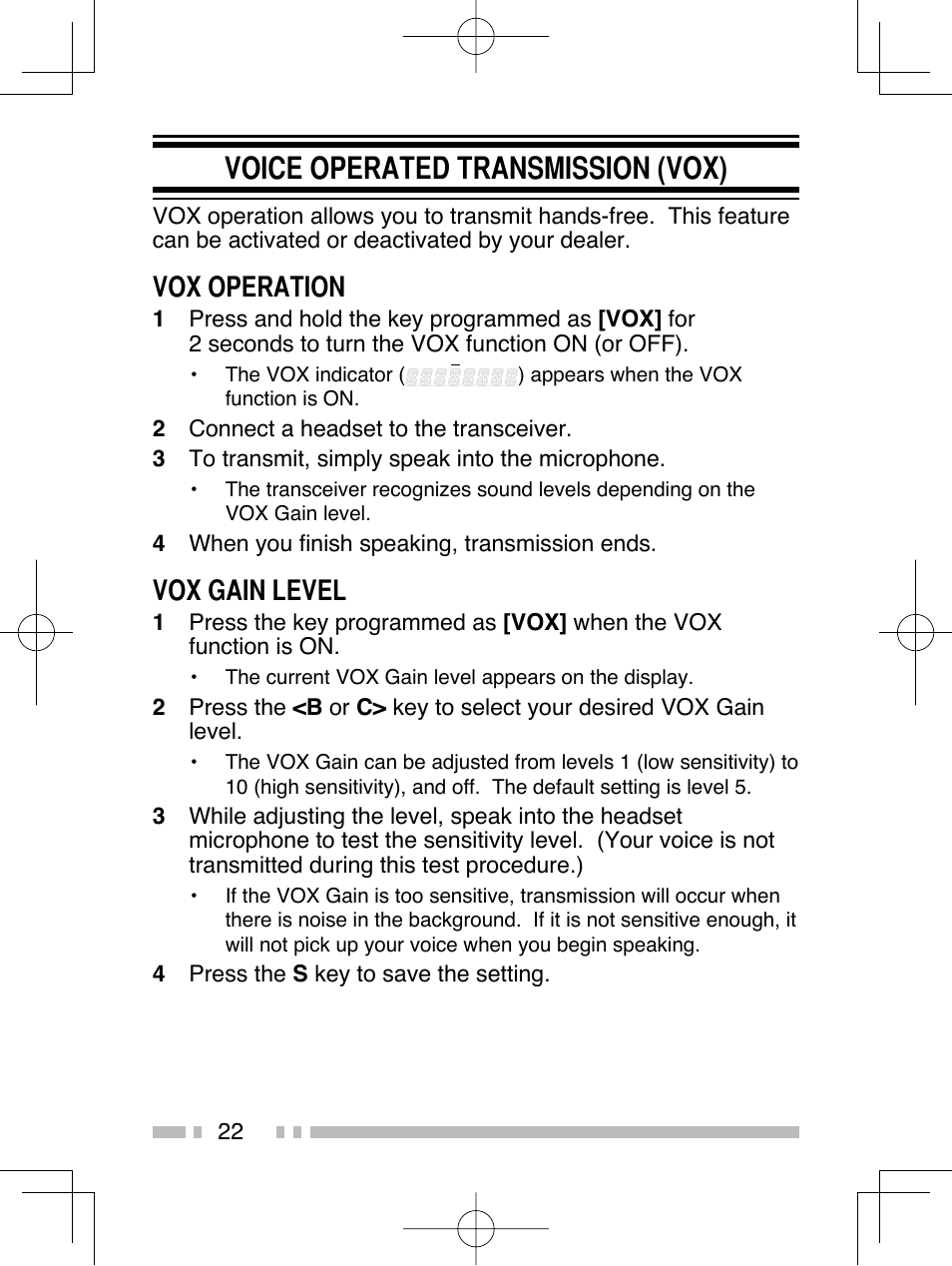 Voice operated transmission (vox), Vox operation, Vox gain level | Kenwood TK-2312E User Manual | Page 32 / 39