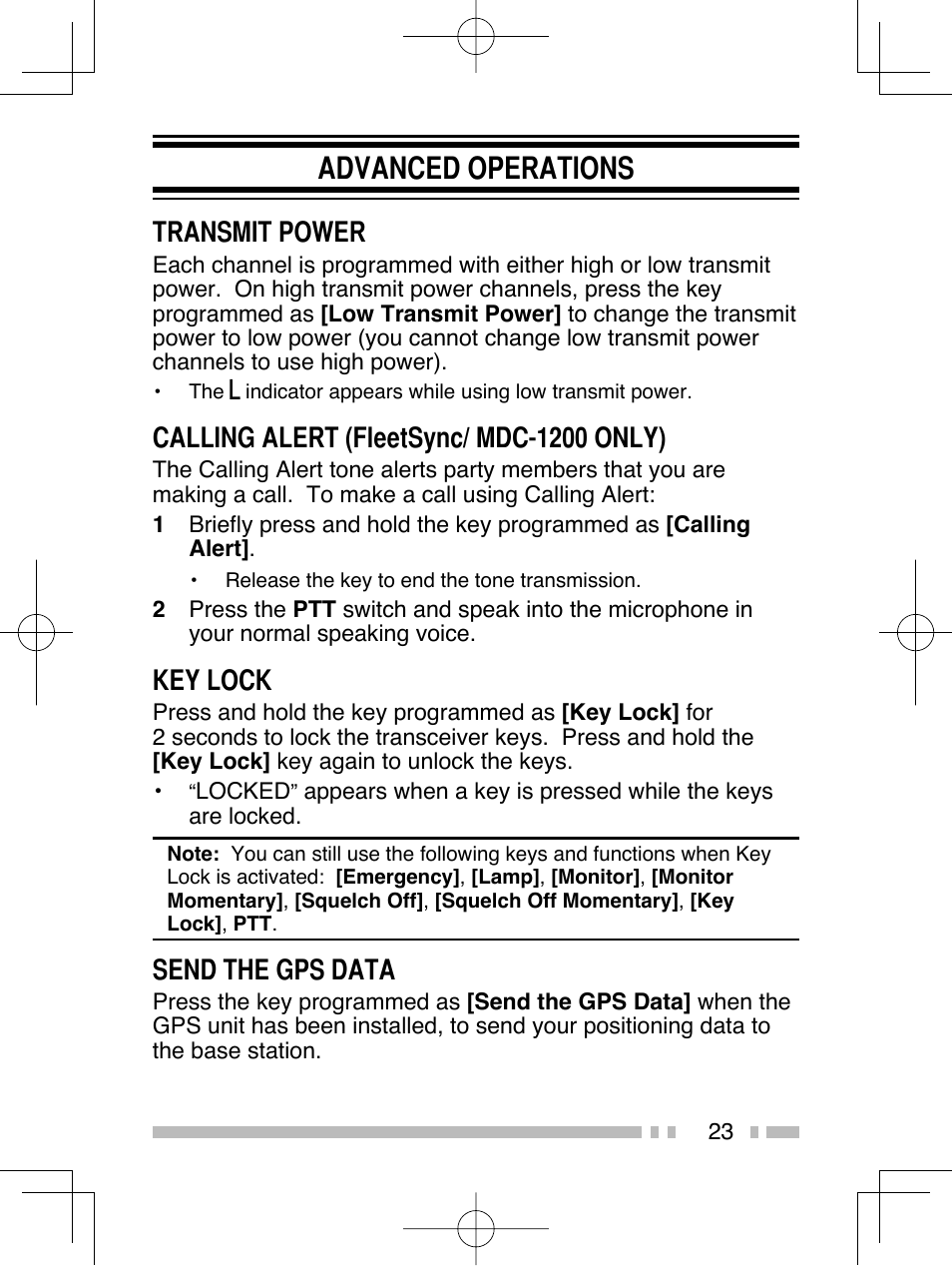 Advanced operations, Transmit power, Calling alert (fleetsync/ mdc-1200 only) | Key lock, Send the gps data | Kenwood TK-2312E User Manual | Page 33 / 39
