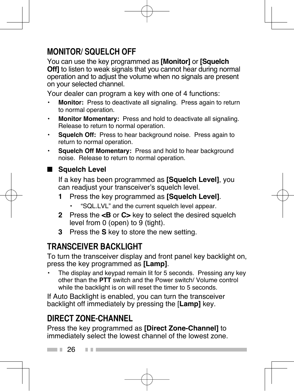 Monitor/ squelch off, Transceiver backlight, Direct zone-channel | Kenwood TK-2312E User Manual | Page 36 / 39