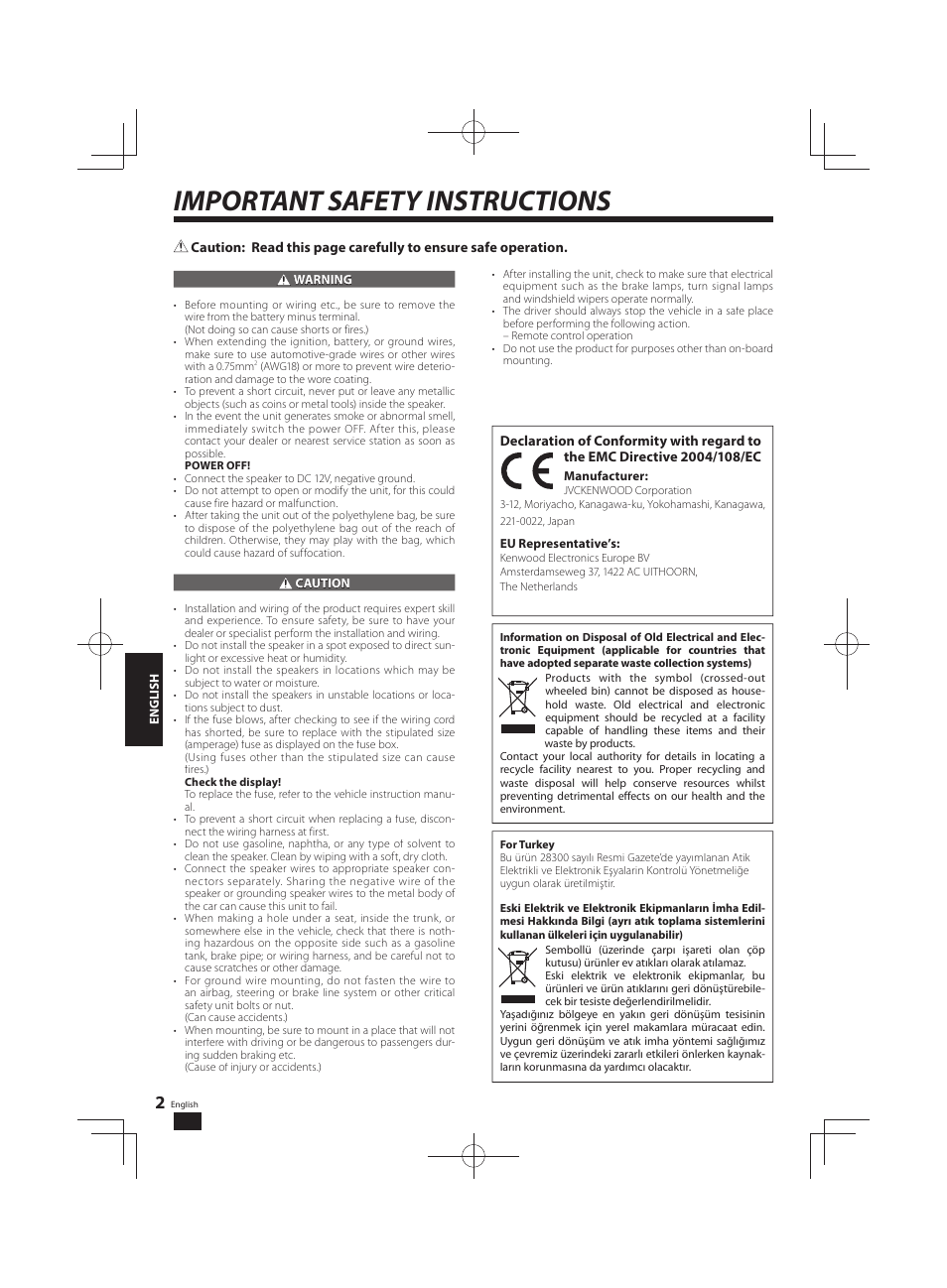 Important safety instructions | Kenwood KSC-SW11 User Manual | Page 2 / 9