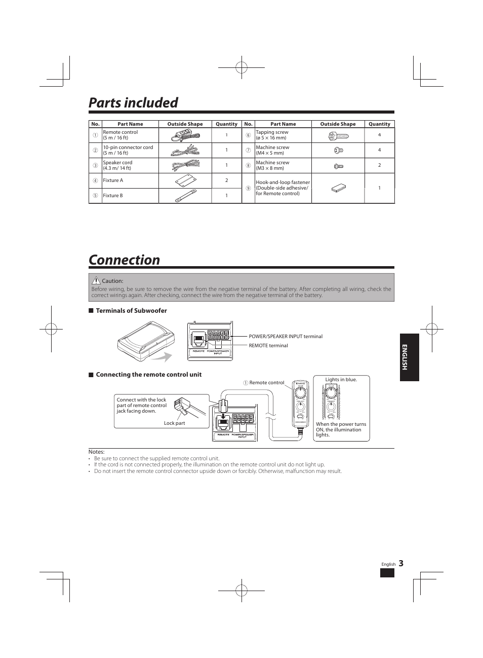 Parts included, Connection | Kenwood KSC-SW11 User Manual | Page 3 / 9