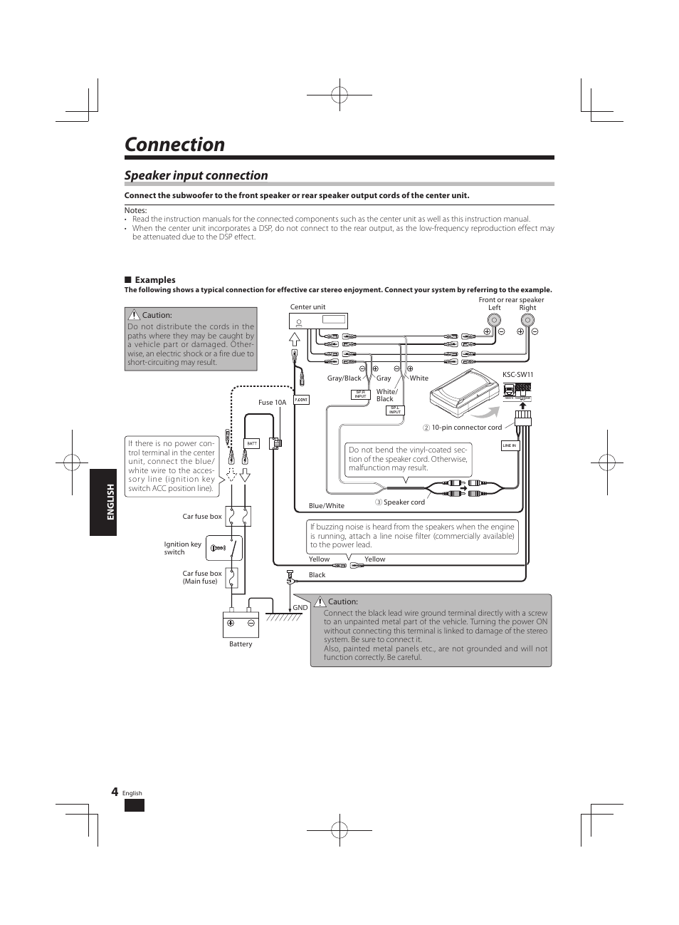 Connection, Speaker input connection p p | Kenwood KSC-SW11 User Manual | Page 4 / 9