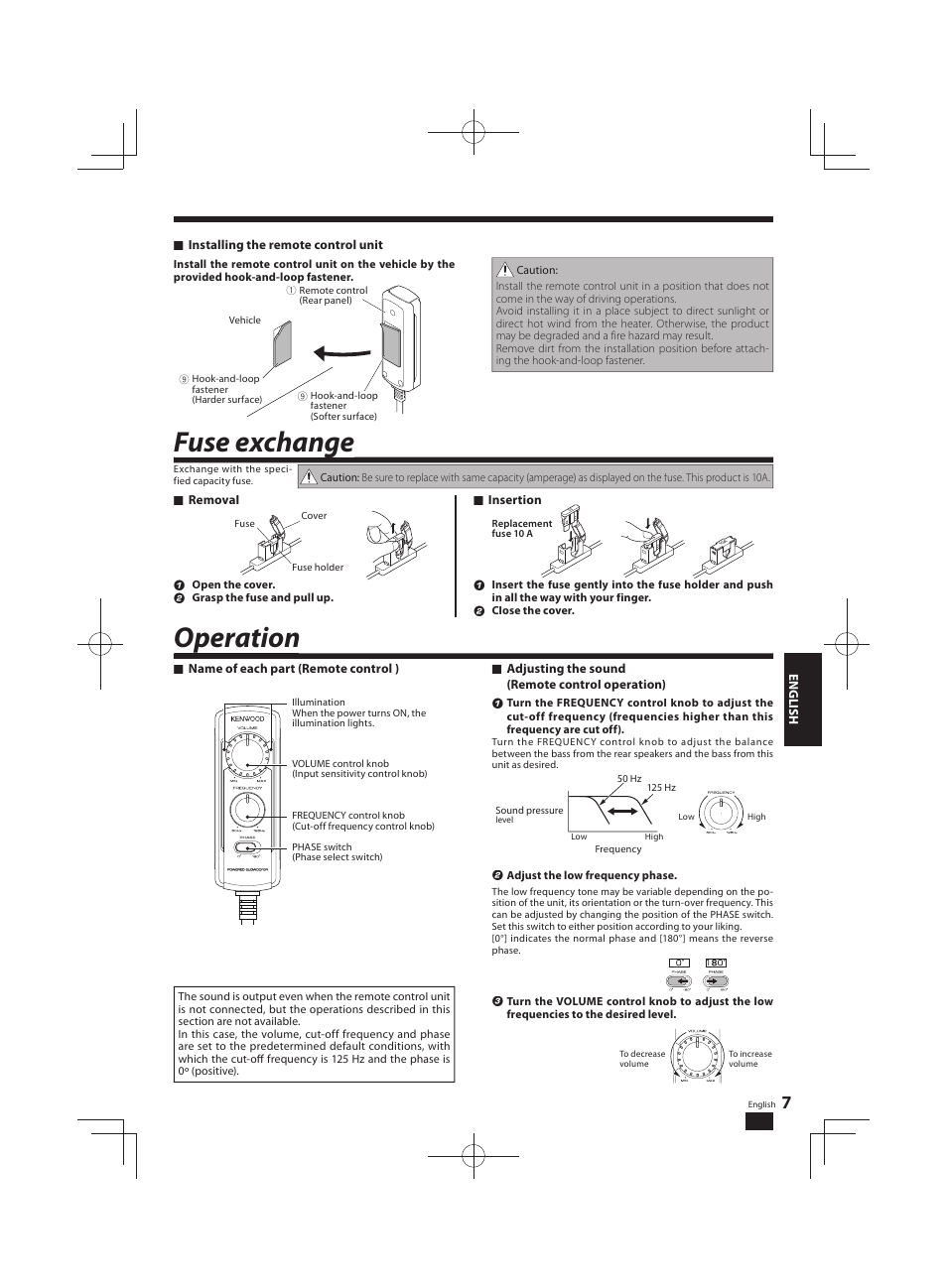 Operation p fuse exchange g | Kenwood KSC-SW11 User Manual | Page 7 / 9