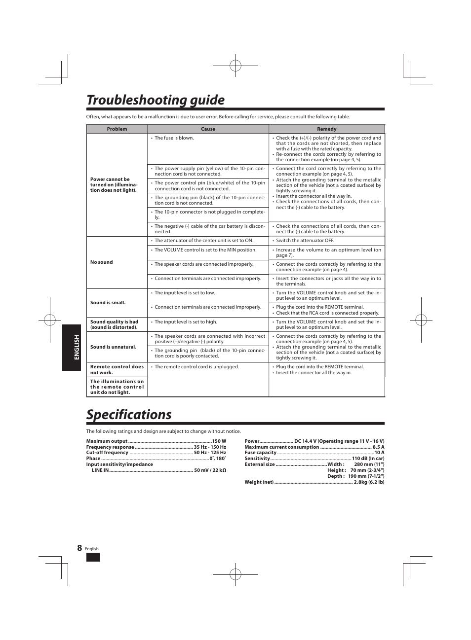 Troubleshooting guide g g, Specifications p | Kenwood KSC-SW11 User Manual | Page 8 / 9