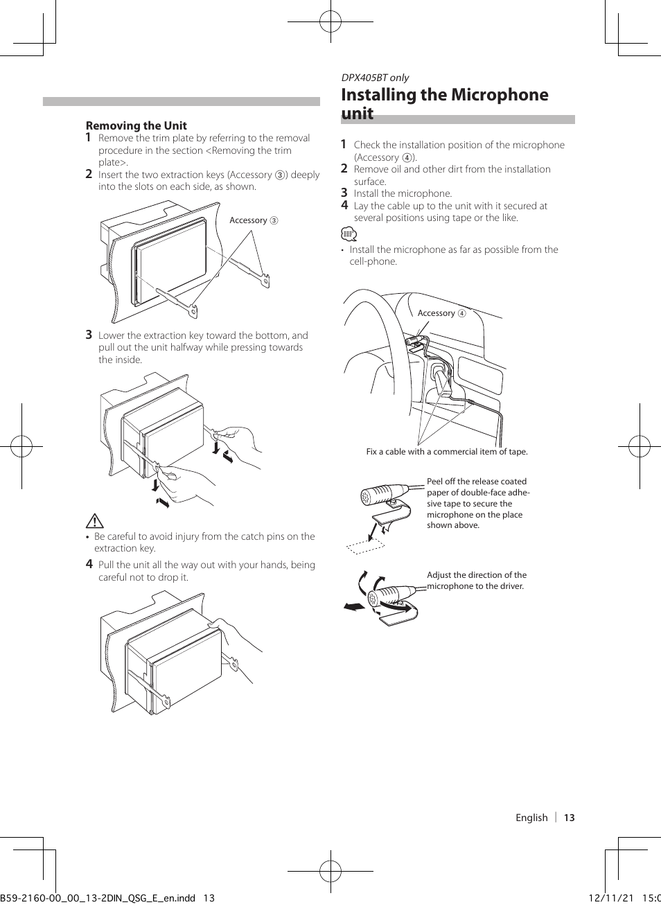 Removing the unit, Installing the microphone unit | Kenwood DPX305U User Manual | Page 13 / 15