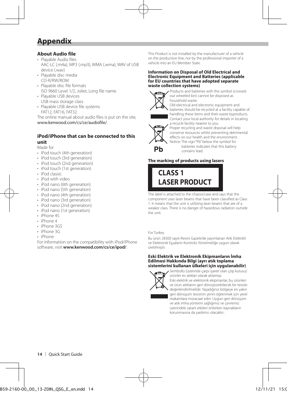 Class 1 laser product, Appendix | Kenwood DPX305U User Manual | Page 14 / 15