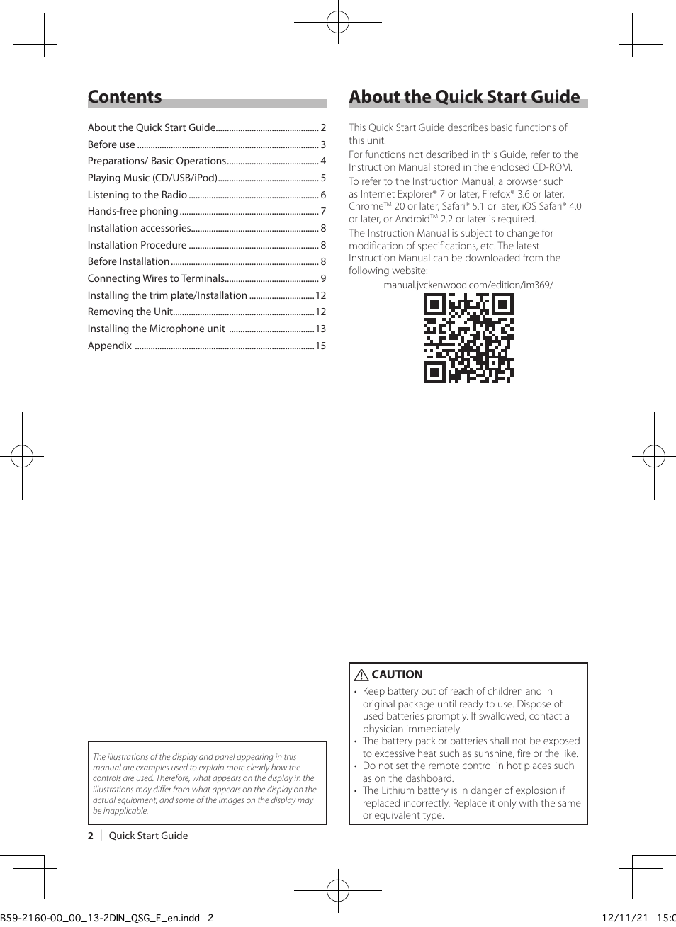 Contents about the quick start guide | Kenwood DPX305U User Manual | Page 2 / 15