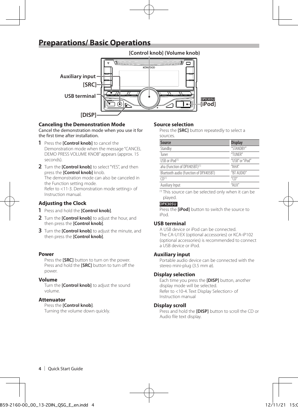 Preparations/ basic operations, Ipod] [disp] [src | Kenwood DPX305U User Manual | Page 4 / 15