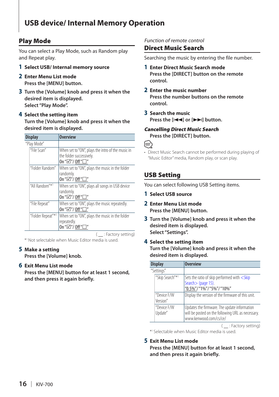 Play mode, Direct music search, Usb setting | Play mode direct music search usb setting | Kenwood KIV-700 User Manual | Page 16 / 76