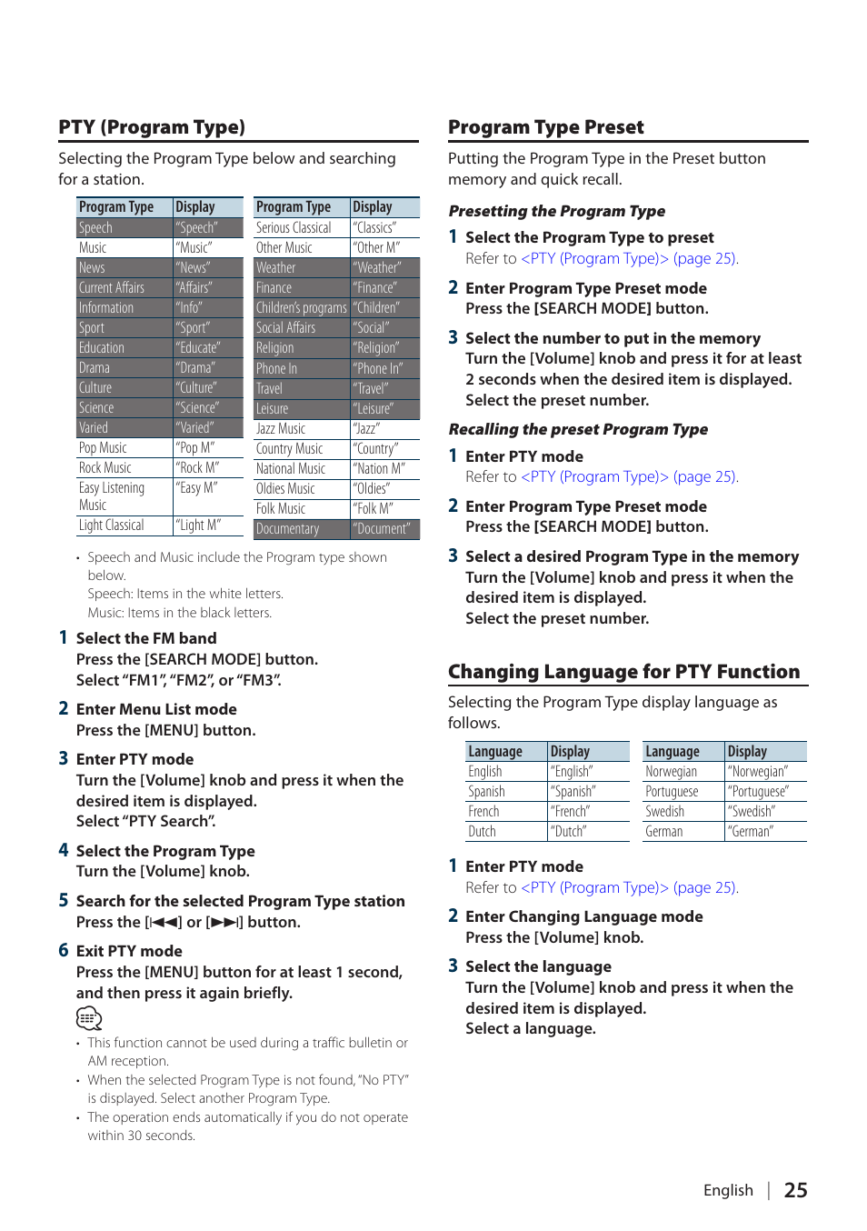 Pty (program type), Program type preset, Changing language for pty function | Function | Kenwood KIV-700 User Manual | Page 25 / 76