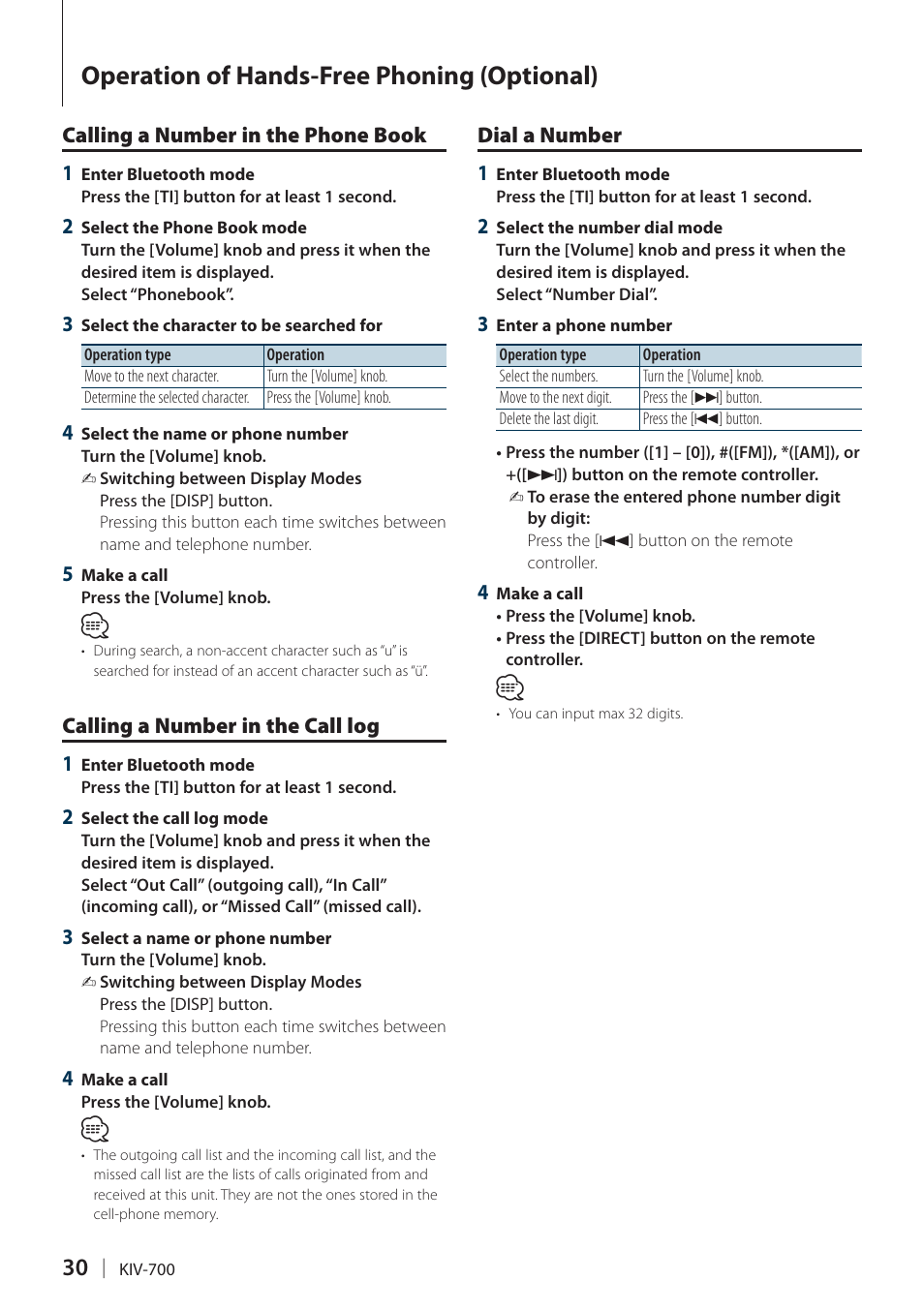 Calling a number in the phone book, Calling a number in the call log, Dial a number | Calling a number in the phone, Book, Calling a number in the call log dial a number, Operation of hands-free phoning (optional) | Kenwood KIV-700 User Manual | Page 30 / 76