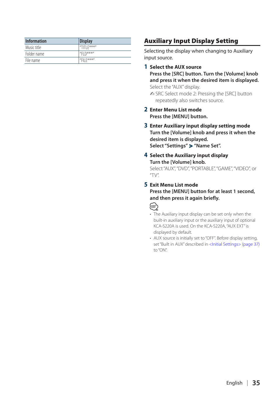 Auxiliary input display setting | Kenwood KIV-700 User Manual | Page 35 / 76