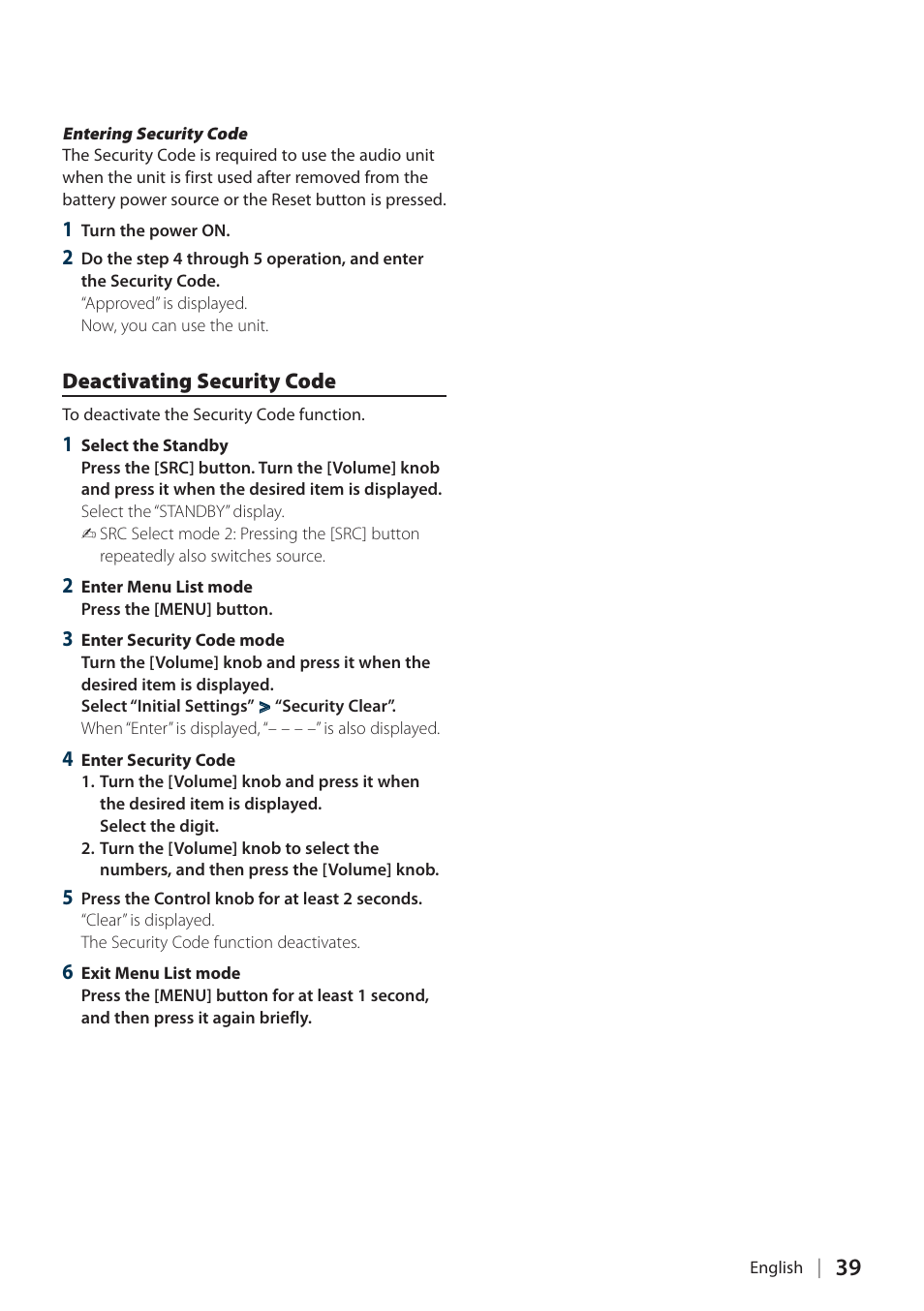 Deactivating security code | Kenwood KIV-700 User Manual | Page 39 / 76