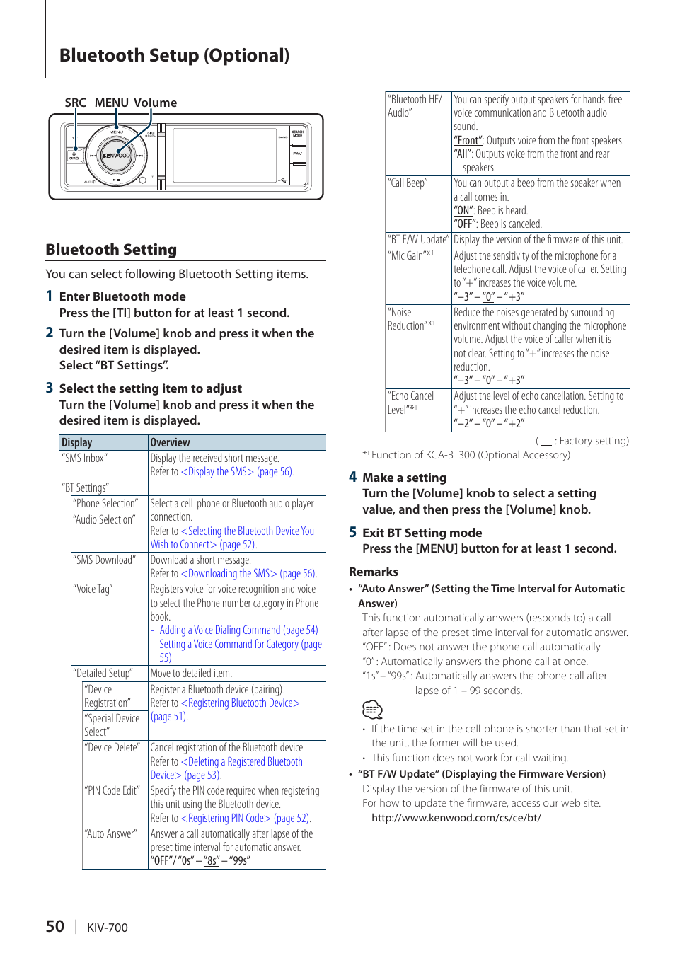 Bluetooth setup (optional), Bluetooth setting, Bluetooth setup (optional) 50 | Kenwood KIV-700 User Manual | Page 50 / 76