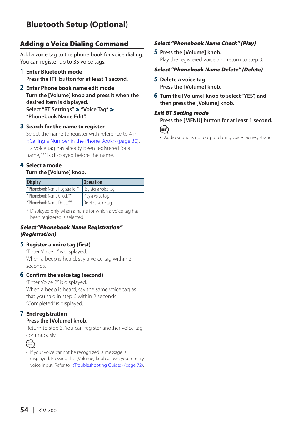 Adding a voice dialing command, Bluetooth setup (optional) | Kenwood KIV-700 User Manual | Page 54 / 76