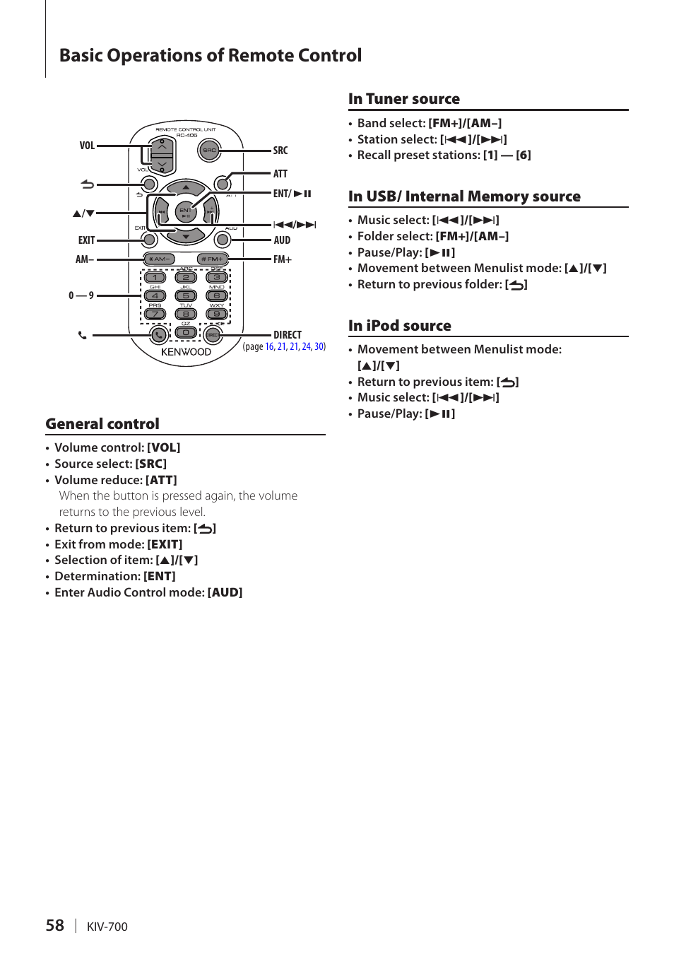 Basic operations of remote control, General control, In tuner source | In usb/ internal memory source, In ipod source, Basic operations of remote, Control | Kenwood KIV-700 User Manual | Page 58 / 76