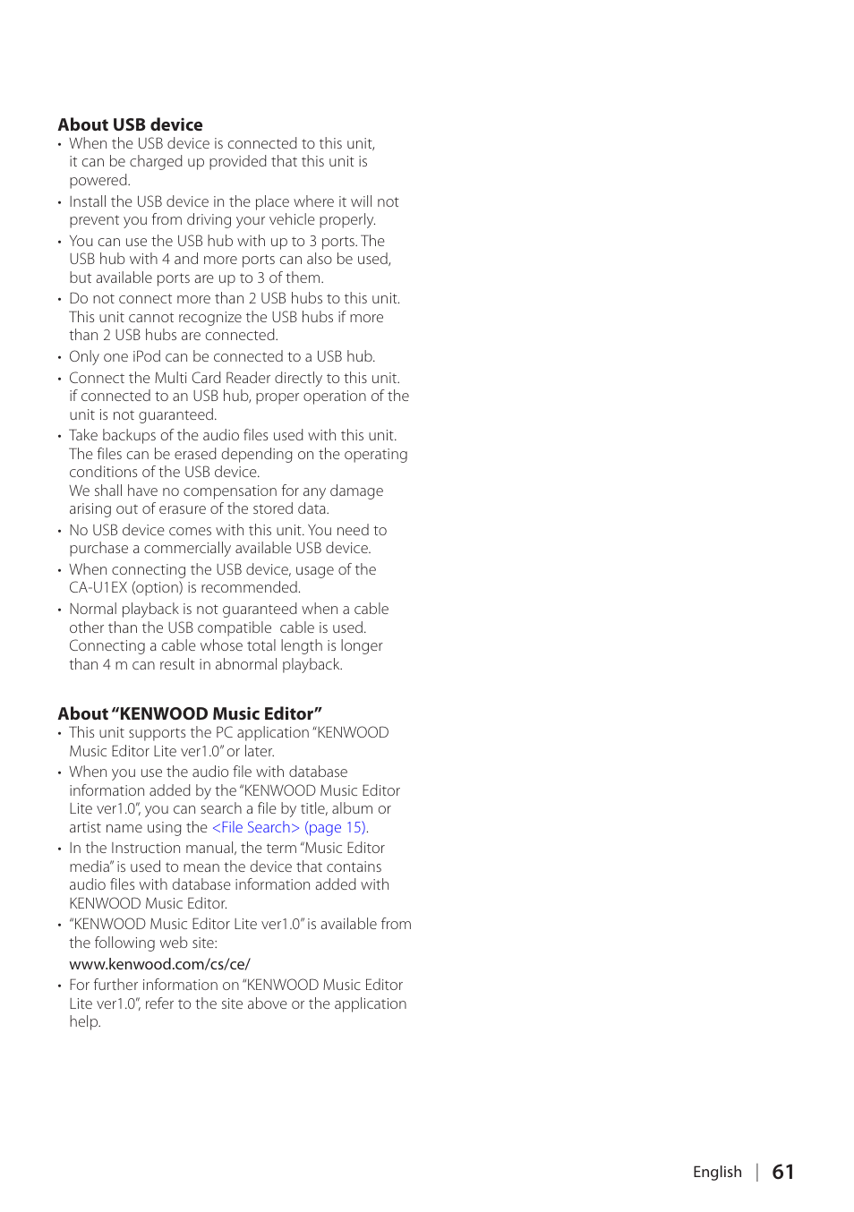 About usb device, About “kenwood music editor, About usb device about “kenwood music editor | Kenwood KIV-700 User Manual | Page 61 / 76